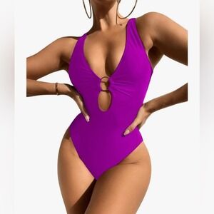 MakeMeChic Size L Bright Violet High Cut Ring Linked Twisted Open Back Swimsuit‎